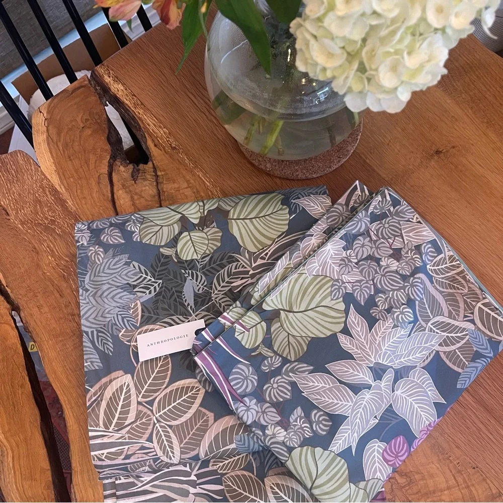 NEW Anthro Green Botanical Print Boho Queen / King Size Bedding Duvet & Sham Set